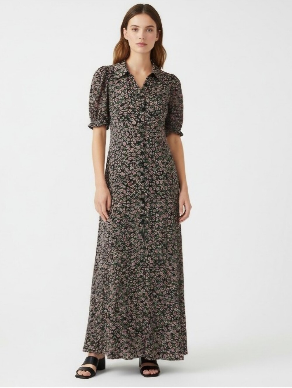 Free People Floral Maxi Dress Button Front Boho Puff Sleeve Western Womens S
